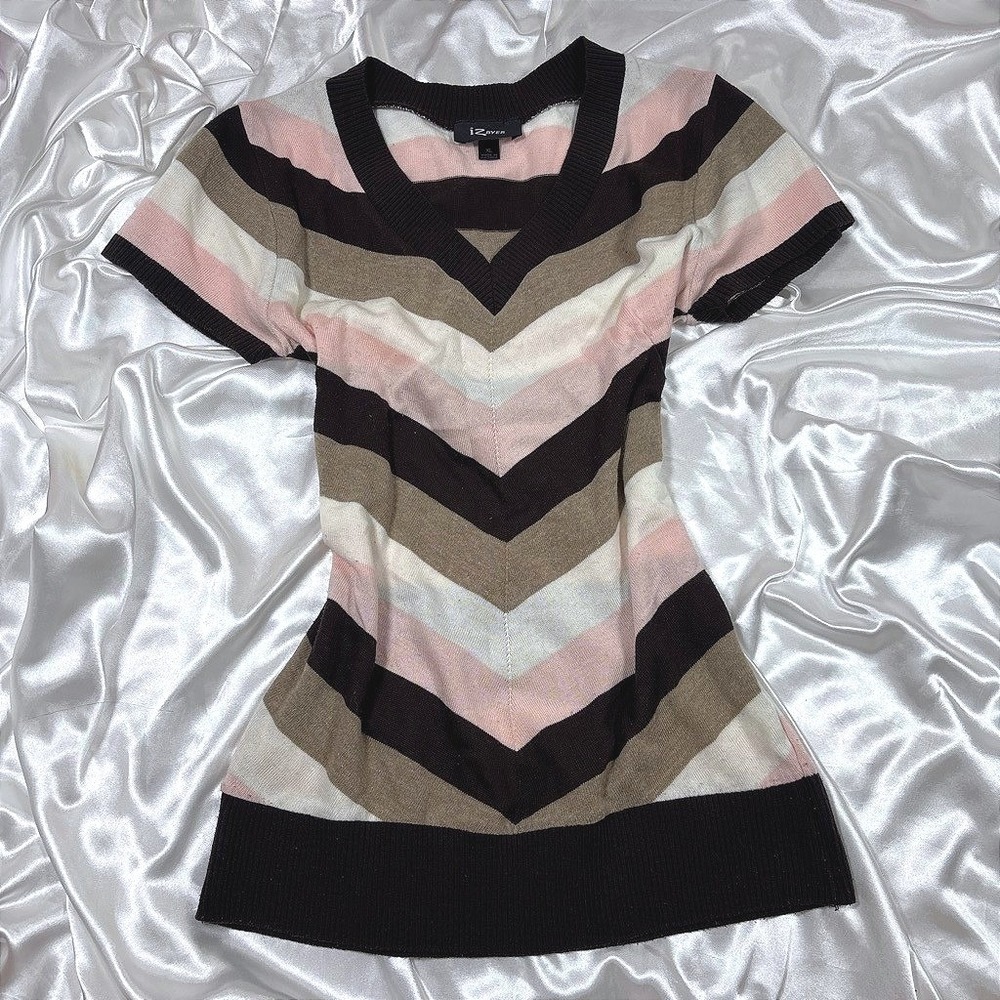 y2k Sweater Top Brown Pink Excellent Chevron Striped V-Neck IZ Byer XL